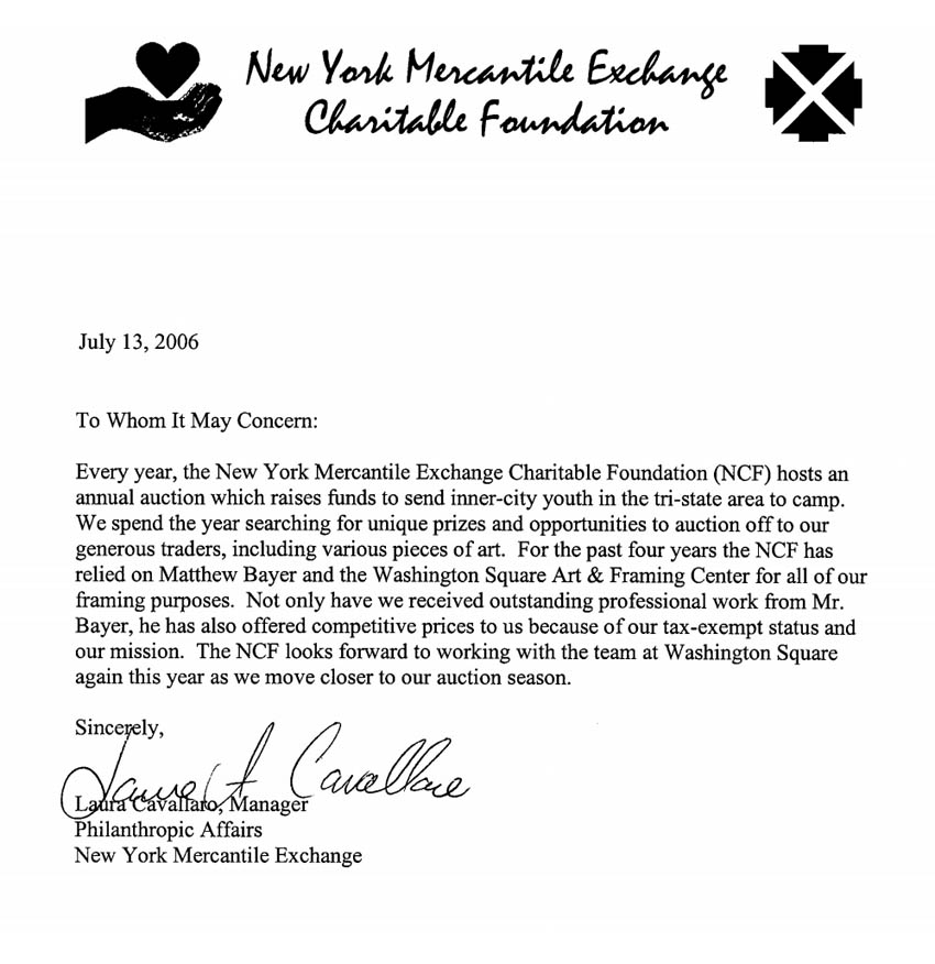 Letter of recommenation by Ny Mercantile Exchange Charitable Foundation for Washington Square Art Gallery